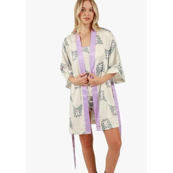 Kuromi by Sanrio Sleepwear Set: Kimono-Style Robe, Cami, and Sleep Shorts Small - Picture 1 of 7